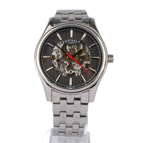 114 - A gentleman's stainless steel Rotary skeleton wristwatch, integral bracelet strap, boxed with paperw... 