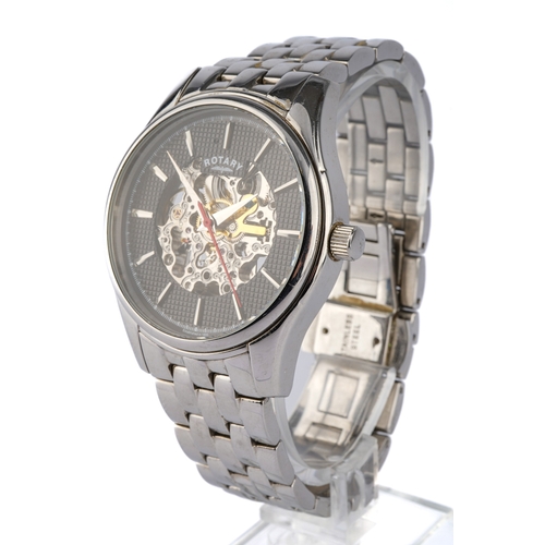 114 - A gentleman's stainless steel Rotary skeleton wristwatch, integral bracelet strap, boxed with paperw... 