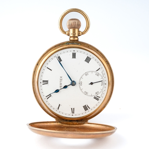 116 - A 9ct yellow gold half hunter pocket watch, 40mm white enamel dial with Roman numerals, subsidiary s... 