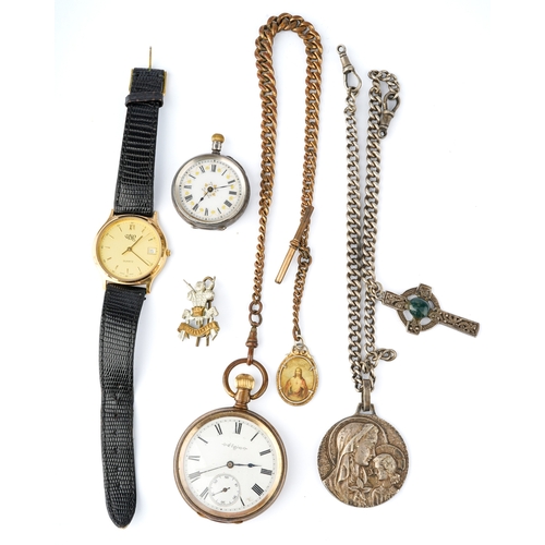 117 - A ladies silver fob watch; a silver curb-link watch chain; gold-plated pocket watch and chain; UNO w... 