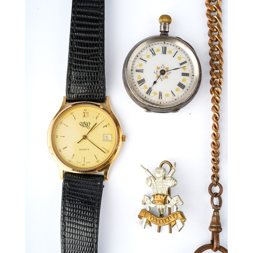 117 - A ladies silver fob watch; a silver curb-link watch chain; gold-plated pocket watch and chain; UNO w... 