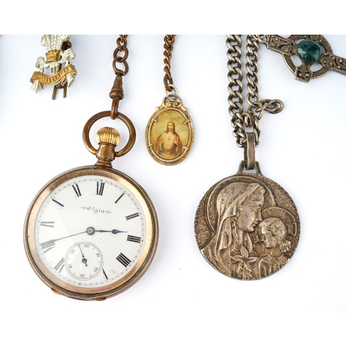 117 - A ladies silver fob watch; a silver curb-link watch chain; gold-plated pocket watch and chain; UNO w... 