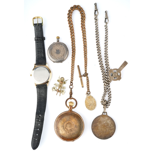 117 - A ladies silver fob watch; a silver curb-link watch chain; gold-plated pocket watch and chain; UNO w... 