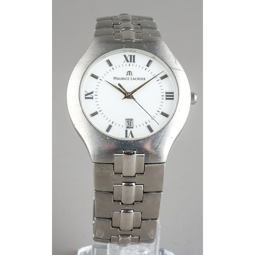 125 - A Maurice Lacroix stainless steel wristwatch, circular white enamel dial with black roman numerals, ... 