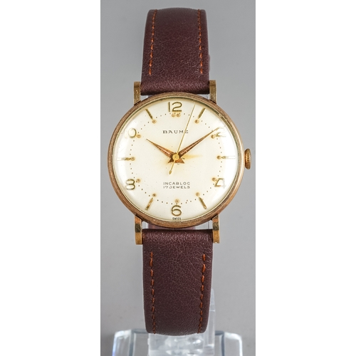 126 - A gentleman's 9ct yellow gold cased Baume wristwatch, the 28mm circular dial with gold Arabic and ba... 