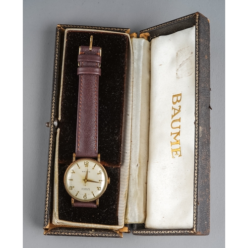 126 - A gentleman's 9ct yellow gold cased Baume wristwatch, the 28mm circular dial with gold Arabic and ba... 