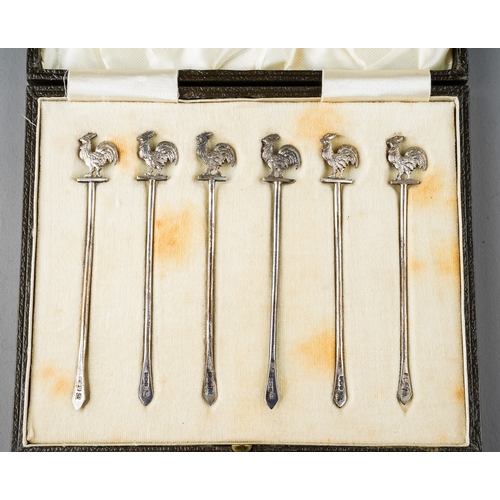 153 - A set of six George V silver cocktail sticks with Cockerel terminals, hallmarked Barker Brothers, Bi... 