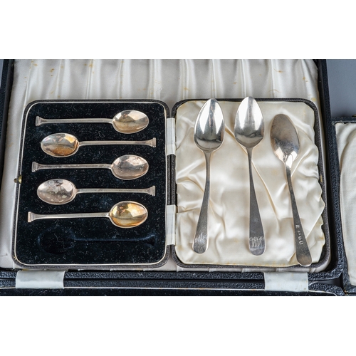 155 - A set of five George VI teaspoons, hallmarked Sheffield, 1940, cased (1 missing); three 19th Century... 