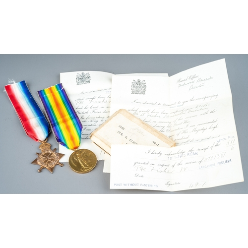 166 - WWI pair of medals comprising 1914-1915 Star Medal and Victory Medal granted in respect of the servi... 