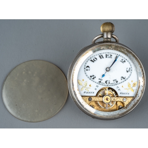 173 - A continental silver Hebdomas style 8 day pocket watch, white enamel dial with black Arabic numerals... 