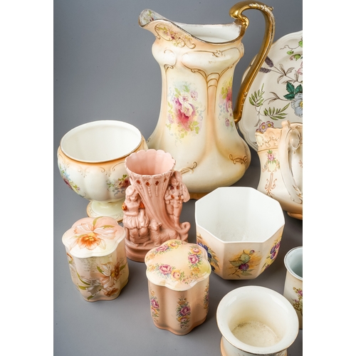 174 - A collection of ceramics to include: Staffordshire pink lustre spill vase moulded with seated girl, ... 