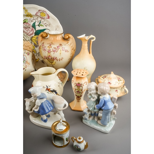 174 - A collection of ceramics to include: Staffordshire pink lustre spill vase moulded with seated girl, ... 