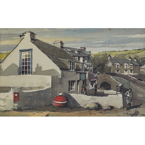 191 - Tom Brown (British, 1933-2017)
Village scene with figure at bridge (Aberdaron on the Llyn Peninsula,... 