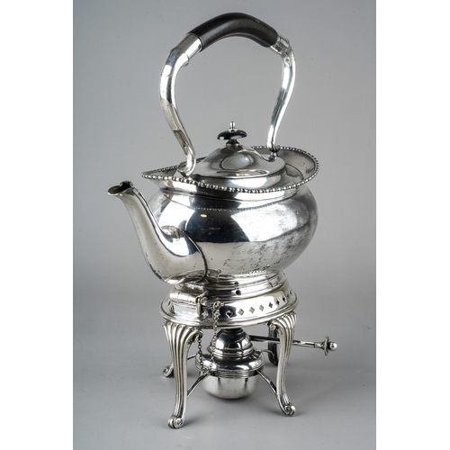 209 - A late 19th Century silver plated tea kettle, burner and stand, ebonised handle and finial, stamped ... 