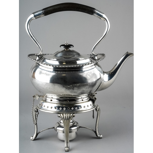 209 - A late 19th Century silver plated tea kettle, burner and stand, ebonised handle and finial, stamped ... 