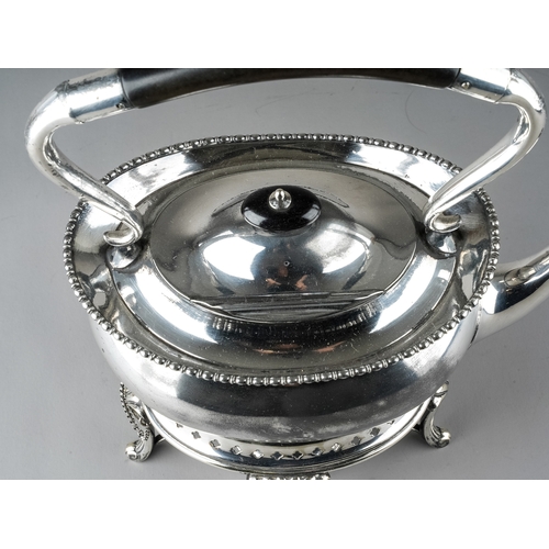 209 - A late 19th Century silver plated tea kettle, burner and stand, ebonised handle and finial, stamped ... 