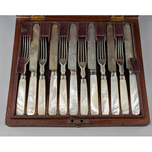 212 - A late 19th Century set of twelve fruit knives and forks with mother of pearl handles, plated blades... 