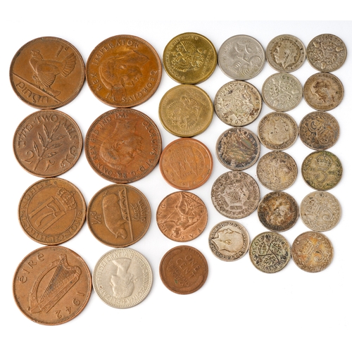 216 - Assorted British and foreign coins including George V three pennies, Australian pennies, Palestine 2... 