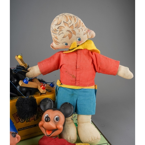 244 - Toys - Three boxed pelham puppets, caterpillar, poodle and ostrich; 1960's puppets including Mickey ... 