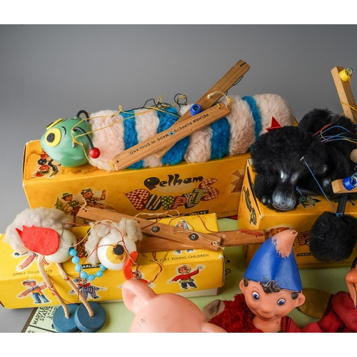 244 - Toys - Three boxed pelham puppets, caterpillar, poodle and ostrich; 1960's puppets including Mickey ... 