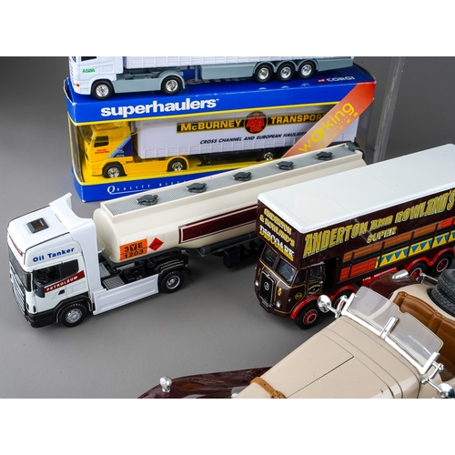 258 - A collection of model vehicles, including Burago, Corgi, etc, cars, buses, transporters