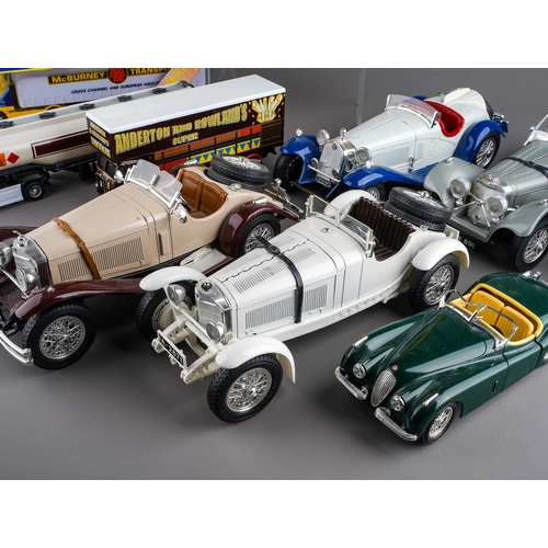 258 - A collection of model vehicles, including Burago, Corgi, etc, cars, buses, transporters