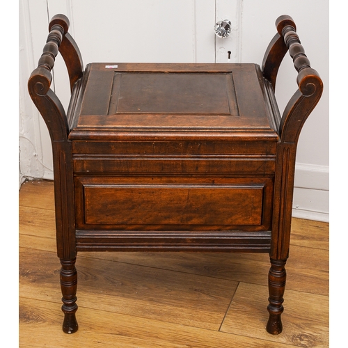 291 - A 19th Century mahogany commode, hinged cover opens to reveal ceramic pot, with turned handles and s... 