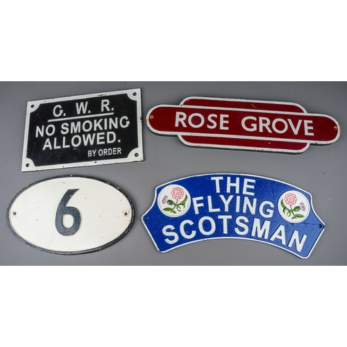 304 - Railwayana: Three cast and painted metal type signs to include:
The Flying Scotsman, 32cm long x 14c... 