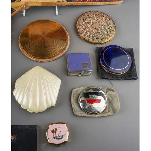 333 - A collection of compacts including Stratton; fans including Ostrich feathers circa 1915; hand painte... 