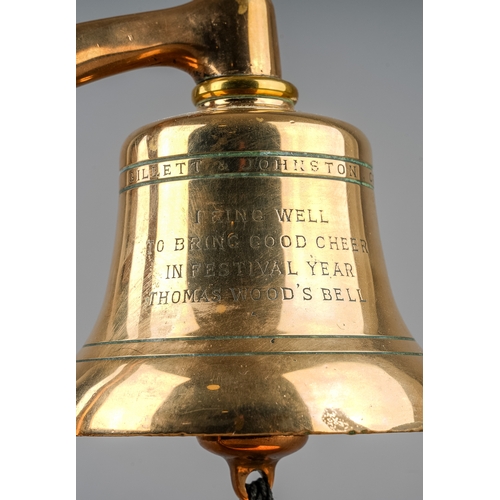 334 - A Gillett & Johnston, Croydon Founders 1951 brass table bell, engraved: I ring well to bring good ch... 