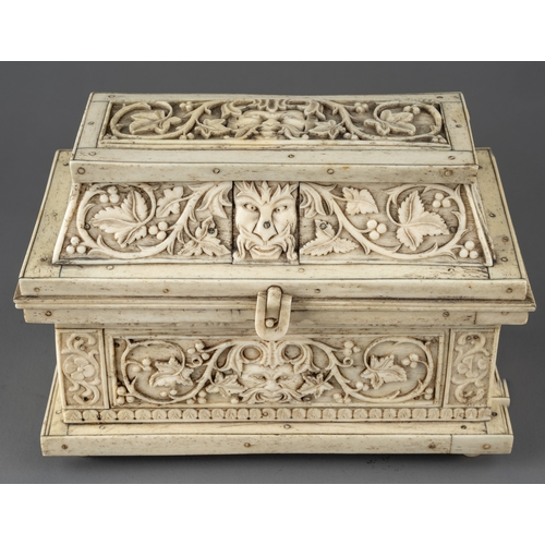 346 - An 18th / 19th century German or Italian carved bone casket.  Carved in the round with fruiting vine... 