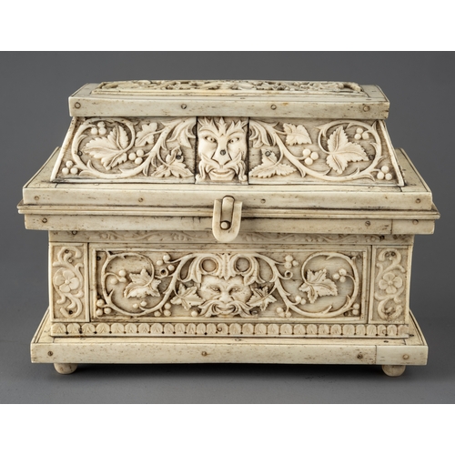 346 - An 18th / 19th century German or Italian carved bone casket.  Carved in the round with fruiting vine... 