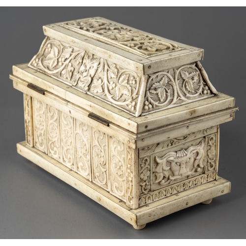 346 - An 18th / 19th century German or Italian carved bone casket.  Carved in the round with fruiting vine... 