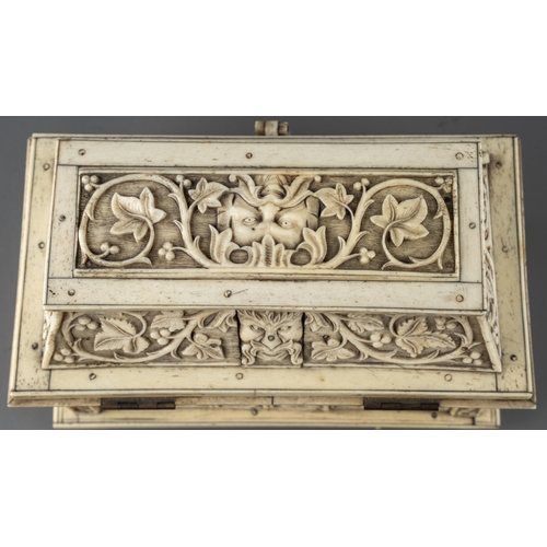 346 - An 18th / 19th century German or Italian carved bone casket.  Carved in the round with fruiting vine... 