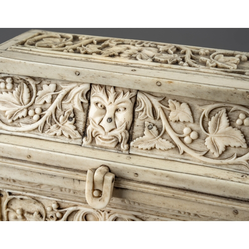 346 - An 18th / 19th century German or Italian carved bone casket.  Carved in the round with fruiting vine... 