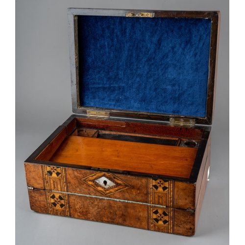 351 - A Victorian inlaid walnut writing box, the cover opens to reveal fitted interior and slope-front sec... 