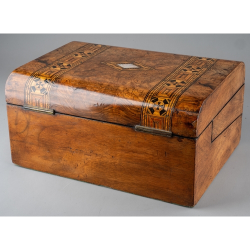 351 - A Victorian inlaid walnut writing box, the cover opens to reveal fitted interior and slope-front sec... 