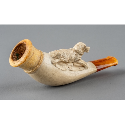 355 - A Meerschaum crouching spaniel pipe, in fitted leather case, approx 8cm long