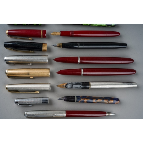 356 - A collection of vintage fountain pens including Parker, Schaeffer and others, four with 14k nibs (Q)