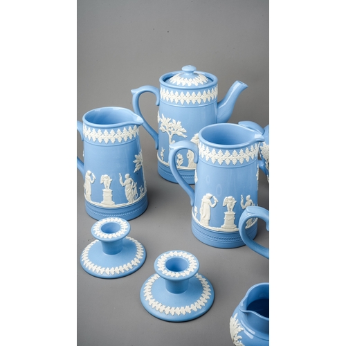 375 - A collection of Modern blue Jasparware tea and coffee ware including tea, coffee pots, jugs, biscuit... 