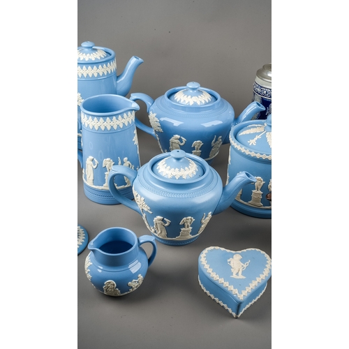 375 - A collection of Modern blue Jasparware tea and coffee ware including tea, coffee pots, jugs, biscuit... 