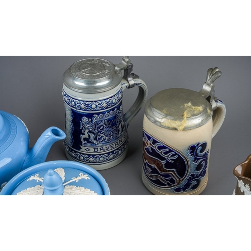 375 - A collection of Modern blue Jasparware tea and coffee ware including tea, coffee pots, jugs, biscuit... 