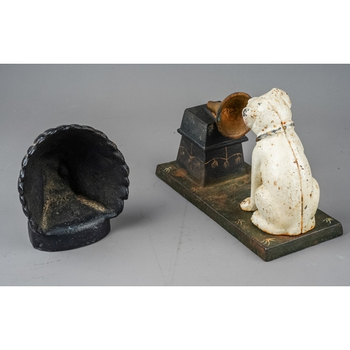 381 - Cast metal indian head door stop together with a cast metal RCA Victor phonograph Dog (2)