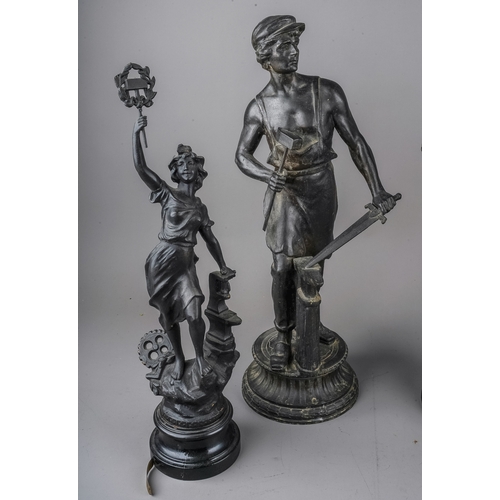 383 - In the manner of Charles Levy, a pair of French style bronzed spelter figures  cast as a sword maker... 