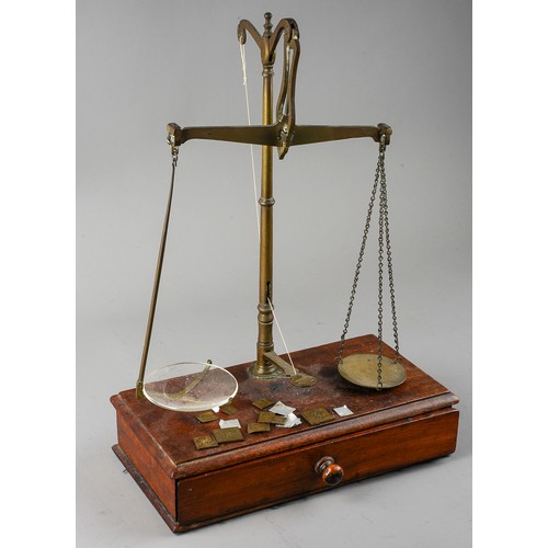 394 - A W&T Avery set of scales on mahogany, with weights and glass scales to interior, approx 26 x 13cm