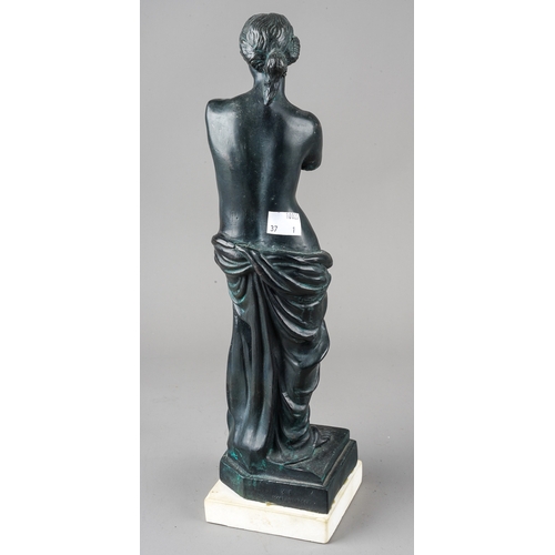 397 - A bronzed spelter figure of Venus de Milo, signed, on simulated marble plinth, approx 40cm high