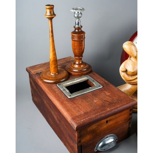 406 - Two pairs of turned wooden candlesticks, Modern carved figure of a mother and child, stained wood of... 