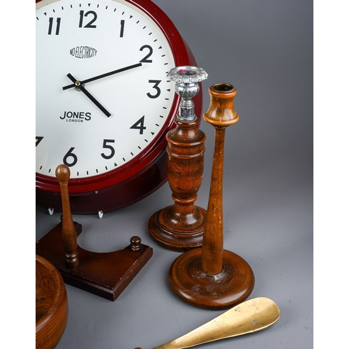 406 - Two pairs of turned wooden candlesticks, Modern carved figure of a mother and child, stained wood of... 