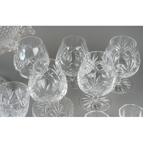 407 - A collection of glassware to include decanters, candlesticks, blue glass brandy glass, cruet set wit... 