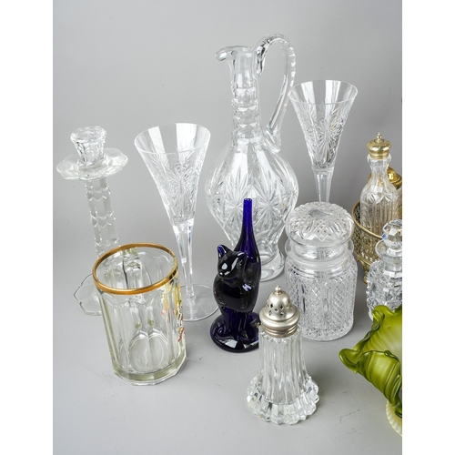 407 - A collection of glassware to include decanters, candlesticks, blue glass brandy glass, cruet set wit... 